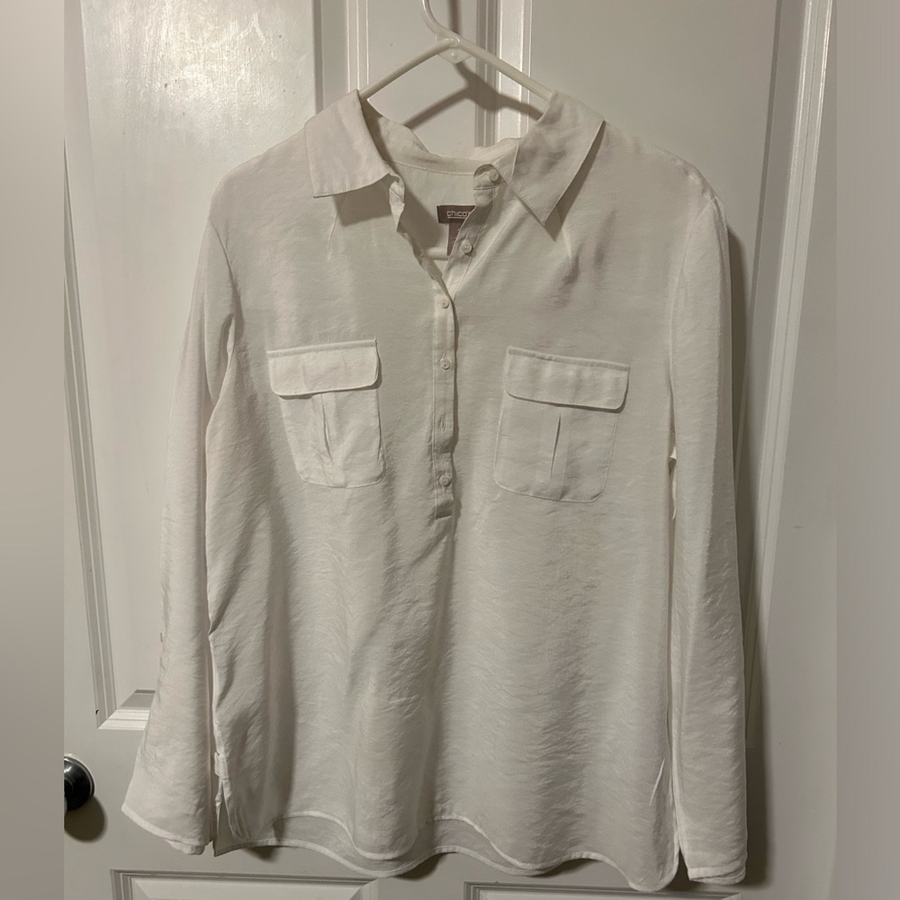Chico’s White Women's Top long button roll up sleeve size 2 rayon & nylon